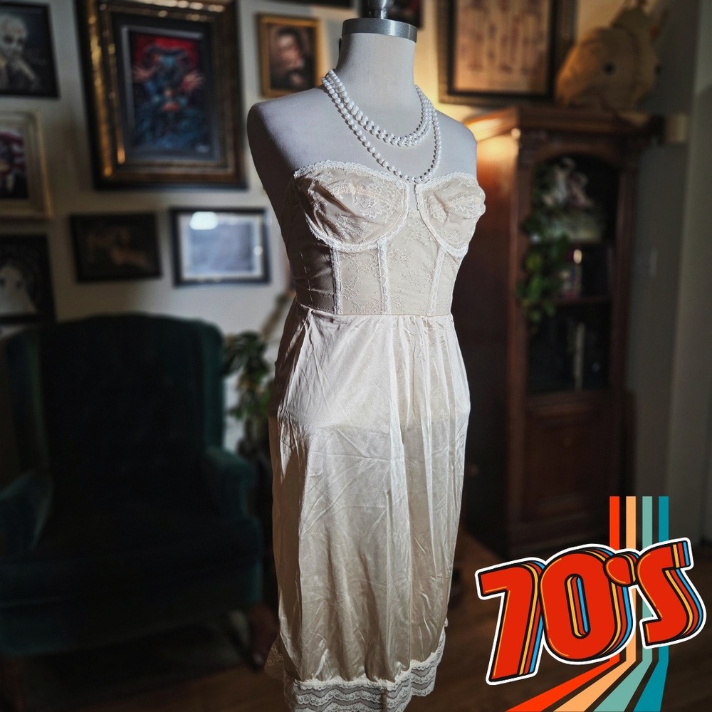 Vintage 70s BackTalk Young Smoothie Corset Slip Dress Strapless Cream‎ Lingerie